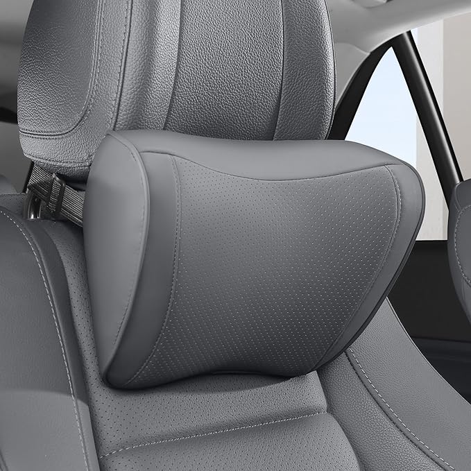 Car Headrest Pillow 100% Memory Foam, Breathable Removable Leather Cover, Premium Seat Support Head Neck Cushion for Driving Travel Home Office, Gray, 1 Pack