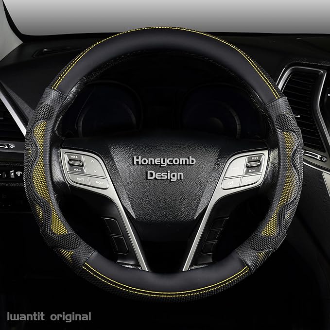 Iwantit® Steering Wheel Cover with 3D Honeycomb Anti-Slip Design and Breathable Fabrics and Pu Leather, Universal 14.5-15 Inch (Yellow/Black)