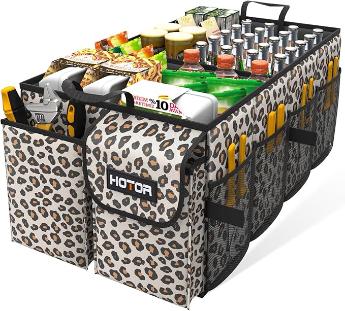 HOTOR Trunk Organizer - Car Organizer, Foldable Trunk organizer for SUVs & Sedans, Sturdy Car Organization for Car Accessories, Tools, Sundries, Brown Leopard, 2 Compartments, 21.3"×12.6"×10.6"