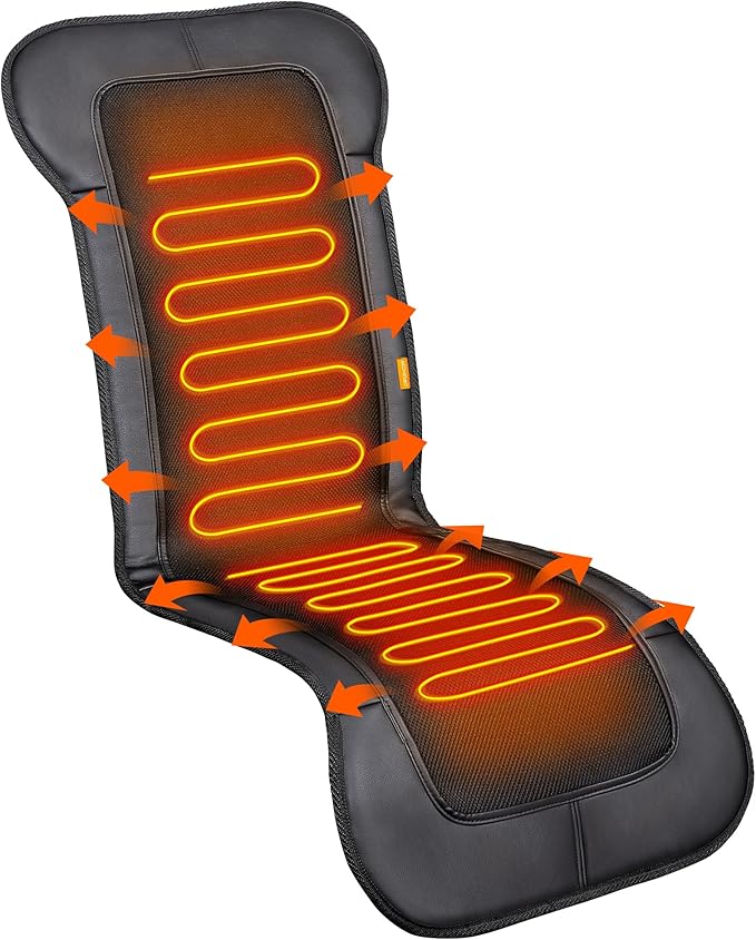 47.2” Long Seat Cushion with Heat for Back and Thighs, Heated Seat Covers in 2 Intensities, Black Mesh Seat Warmer in PU Leather Case, Gift for Father Day and Mother Day