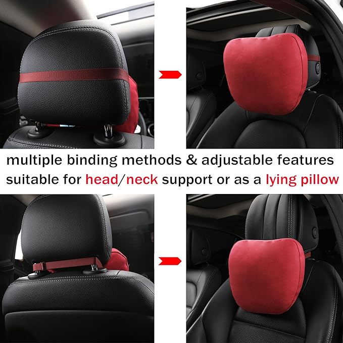 2pcs Car Neck Pillow for headrests,Support Drive Seats Head Cushion Pillows,Superfiber Suede,Plant-Based Polyester,Thickness & Height Adjustable,11.8x7.5,Inner Liner fillable(Bright Red)