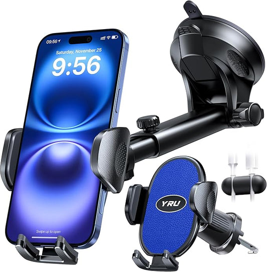 YRU Upgraded Universal Car Phone Holder Mount【360°Rotatable & Strong Suction】 Cell Phone Car Dashboard Windshield Phone Holder Dash Vent Stand for iPhone 17 16 Pro Max Samsung Truck, Light Blue