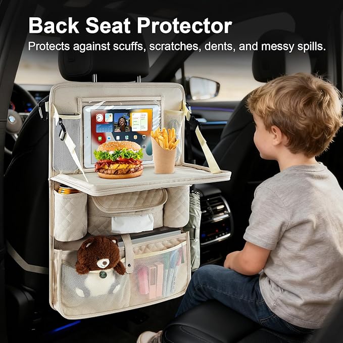 Car Backseat Organizer with Foldable Table Tray - 11 Storage Pockets PU Leather Back Seat Organizer with Tablet Holder, Seat Back Protector for Kids Family Road Trip Travel Accessories (Beige)