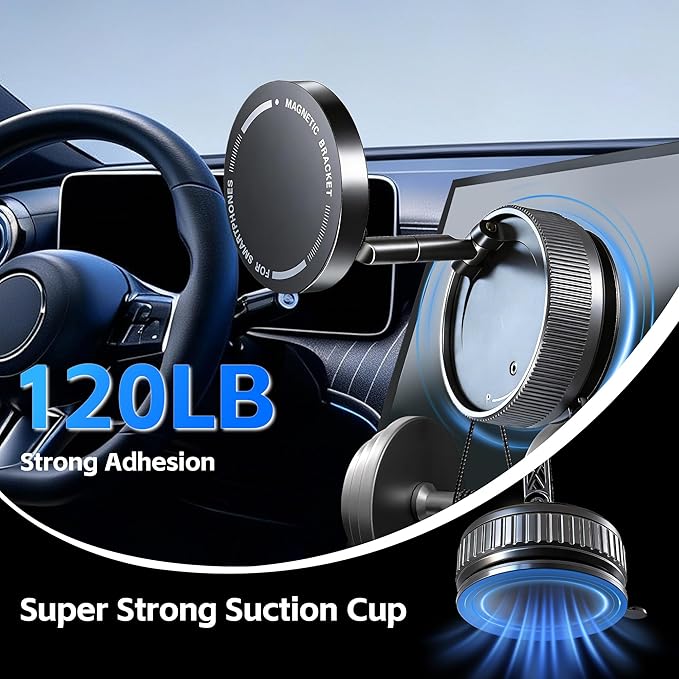 Car Phone Holder [120+LBS Strongest Suction & 2800gf Magnetic] , 360° Adjustable Magsafe Car Mount, Car Phone Mount for Cars/Gyms/Mirrors/Shower Stalls, Compatible with iPhone and Android Devices (1)