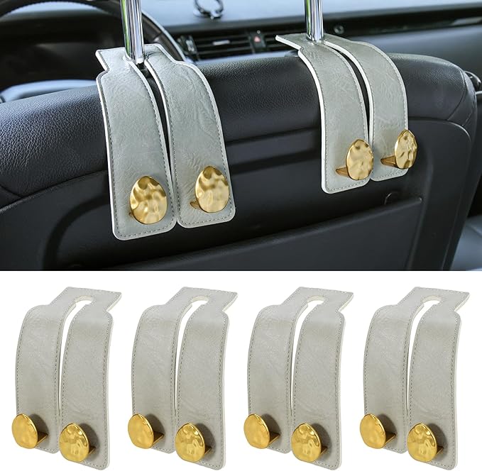 4 PCS Leather Car Seat Hooks for Headrest, Vehicle Hanger Storage Organizer Universal for Handbag Purse, Car Accessories Gift (Grey-Gold-4 PCS)