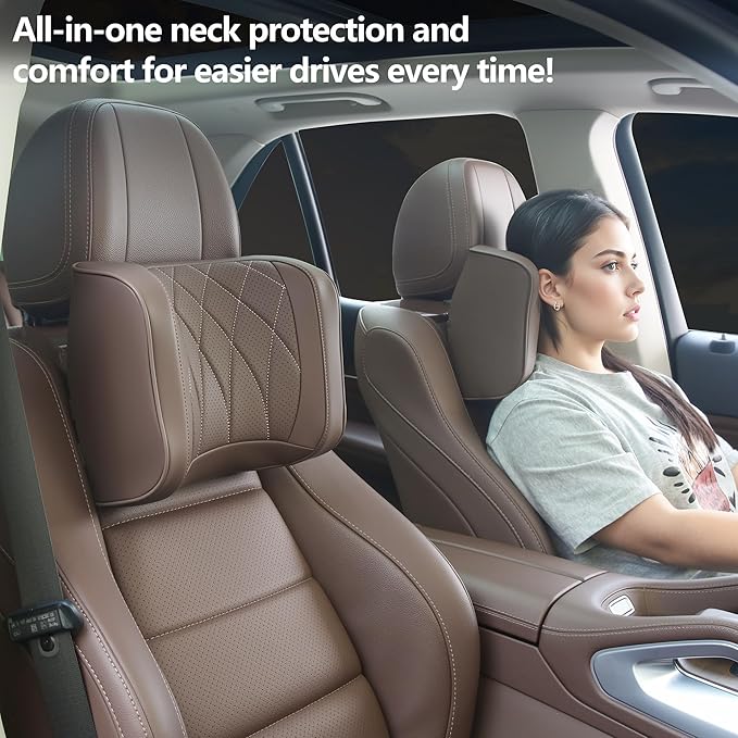 Car Headrest Pillow U-Shaped, Memory Foam Head Neck Support Cushion for Driving, Leather Head Rest Travel Pillows for Sleeping, Breathable Removable Cover, Brown, 1 Pack