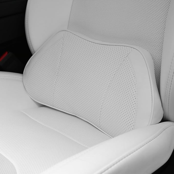 Lumbar Support Pillow for Car, Premium Leather Memory Foam Lumbar Cushion for Lower Back Pain Relief, Universal Back Support for Driving, Home & Office Chairs, White, 1 Pack