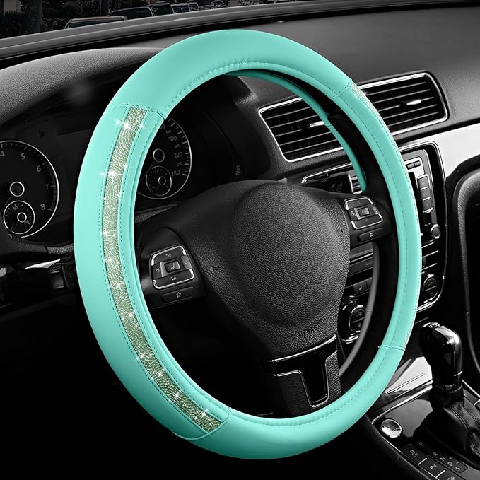 Road Comforts Steering Wheel Cover, Glitter Bling Leather Wheel Cover, Universal Fit 14.5"-15.5" Steering Wheels for Women & Girls, Anti-Slip Car Wheel Protector for Cars, Trucks, Vans, SUVs-Mint
