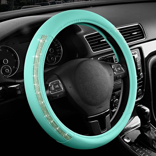 Road Comforts Steering Wheel Cover, Glitter Bling Leather Wheel Cover, Universal Fit 14.5"-15.5" Steering Wheels for Women & Girls, Anti-Slip Car Wheel Protector for Cars, Trucks, Vans, SUVs-Mint