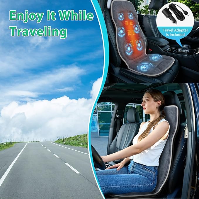 Back Massager with Soft Plush Fabric Cover, Massage Seat Cushion with 8 Vibration Motors & 2 Heating Levels, Chair Massager for Recliner, Office Chair, Sofa Use, Gifts for Dad Mom