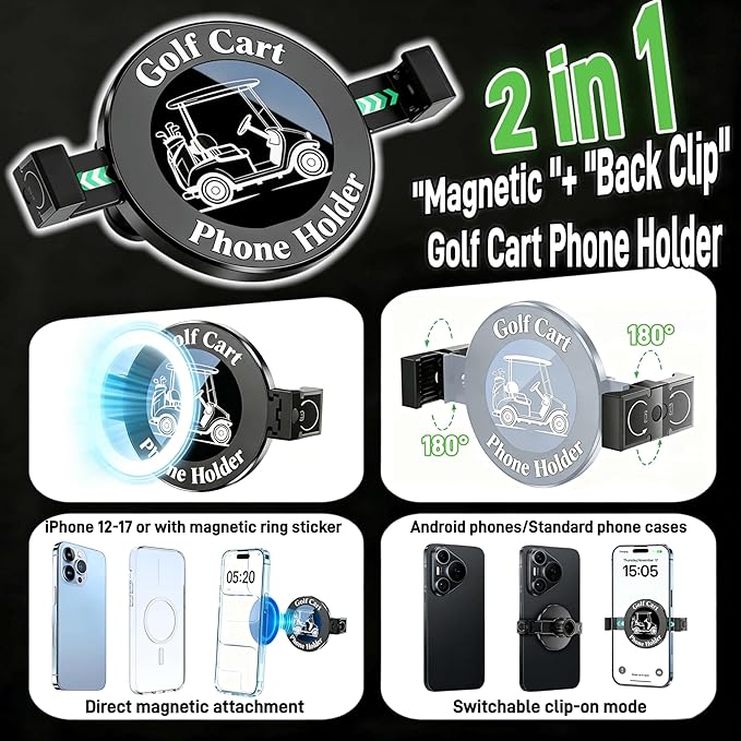 Golf Cart Phone Holder, Magnetic & Clamp Design (2-in-1), Compatible with iPhone & Android, 360° Rotation, Fit Yamaha, EZGO, Club Car, Powerful Magnetism, Gift for Men Women (2026 Upgrade)