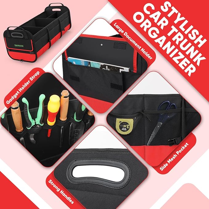 Simniam Large Trunk Organizer for Car, Foldable Multi Compartment Car Trunk Organizer with 2 Retractable Straps, Suitable for All Kinds of Cars, SUV, Minivan - 4 Compartments Red