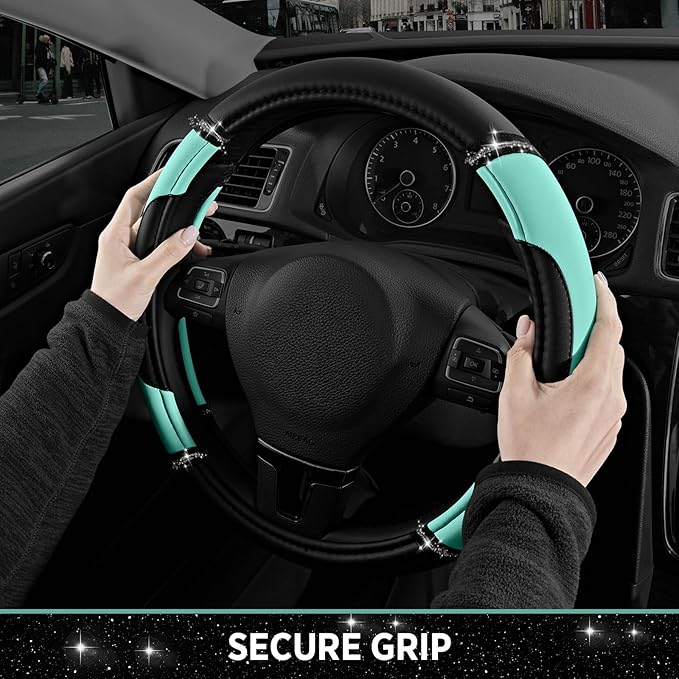 Road Comforts Leather Steering Wheel Cover - Made with PVC Leather - Anti-Slip, Universal Fit 14 1/2 inches to 15 inches - Mint
