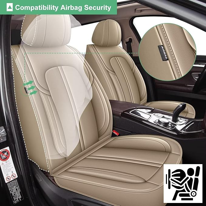 2 Front Seat Covers for Kia Soul 2010-2024 2025 Faux Leather Car Seat Cover Waterproof Automotive Seat Cushion Protectors Compatible Airbag (2 Seats, Beige)