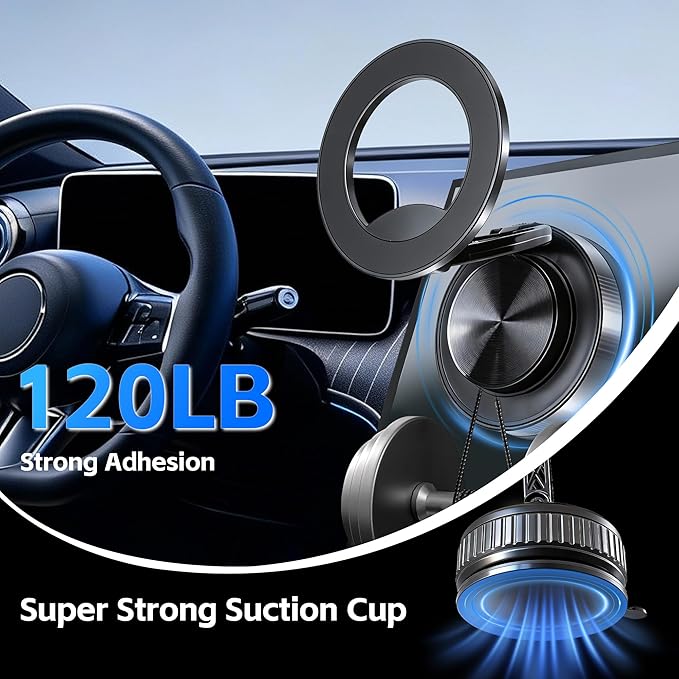 Car Phone Holder [120+LBS Strongest Suction & 2800gf Magnetic] , 360° Adjustable Magsafe Car Mount, Car Phone Mount for Cars/Gyms/Mirrors/Shower Stalls, Compatible with iPhone and Android Devices (3)