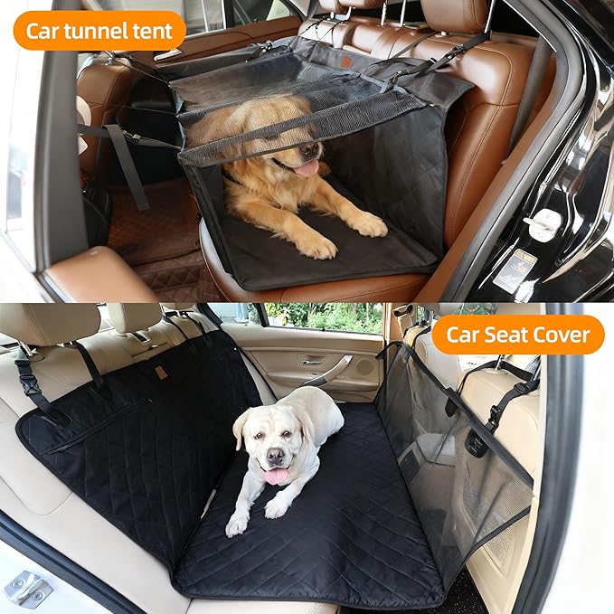 Dog Car Seat Cover, 2 in One Pet Car Seat Tunnel Protector, Protective Mat for Vehicle Back Seat, Waterproof Pet Bench Seat Cover for Dogs, Scratchproof Nonslip Reat Seat Protector (Black)