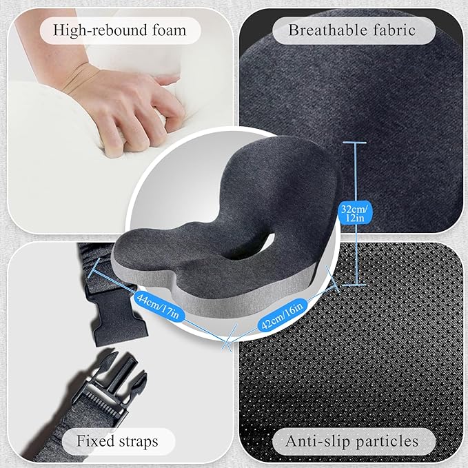 Ergonomic Seat Cushion with Adjustable Strap, Memory Foam Office Chair Seat Cushion with L-Shaped Design, Car Seat Cushion Fits for Truck Driver Semi Truck, Gaming Chair, Desk, Light&Dark Gray
