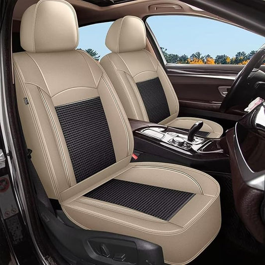 Breathable Ice Silk Seat Covers for Hyundai Equus 2011-2016 - Waterproof Leather Car Cushions Anti-Slip Cooling Seat Covers Protector(5 Seats - Beige&Grey)