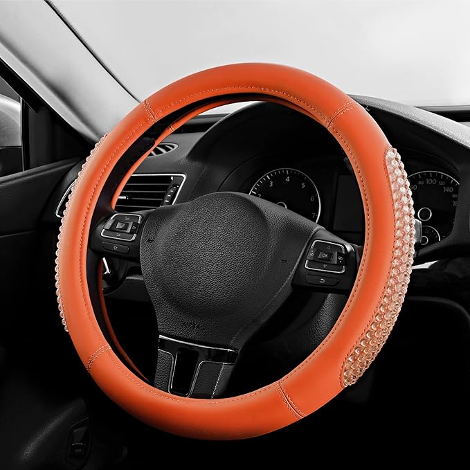 PIC AUTO Steering Wheel Cover, Glitter Gel Particles & Orange Luxury Leather Car Steering Cover, Universal Fit 14.5"-15.5" Anti-Slip Car Wheels Cover for Girls & Women