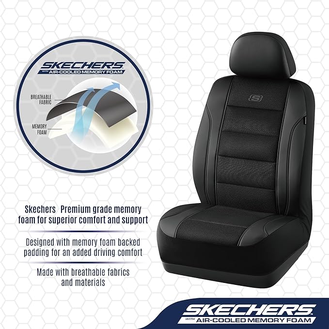Skechers Men’s Seat Covers, Air-Cooled Memory Foam Car Seat Covers Front Seats, Airbag Compatible,Universal Fit for Most Cars, SUVs, Vans and Trucks,Black