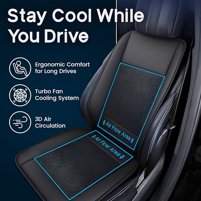 Cooling Car Seat Cover – Ventilated 12V/24V Seat Cushion with 10 Turbo Fans & Wireless Control, 3 Speeds, Universal Fit for Car SUV Truck – Breathable 3D Mesh Leather