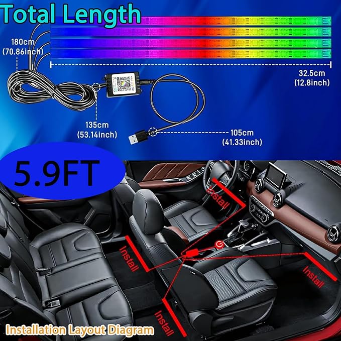 5.9FT Car LED Strip Lights, 72LEDs Smart RGB Car Interior Lights with APP & Remote Dual Control, Multicolor Music Sync and Mic Mode 4-in-1 Lines Design LED Lights for Car Decor