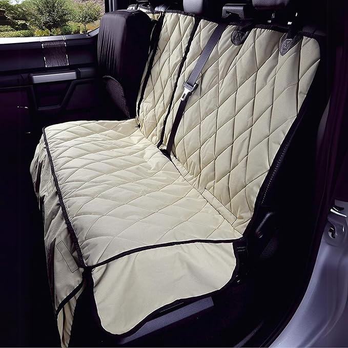 4Knines Bench Seat Covers for Trucks with Dog Hammock & Split-Tech - Rear Seat Protector for Dogs Fits Full Size Crew Cab with Split Bench Seats - Waterproof Dog Seat Cover (Passenger Side, Beige)