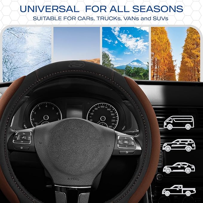 Skechers Steering Wheel Cover, Memory Foam Car Steering Wheel Cover,14.5-15inch Anti-Slip Safety Comfortable Desgin, Universal Accessory for Diverse Cars, Truck,SUV (Black &Brown)