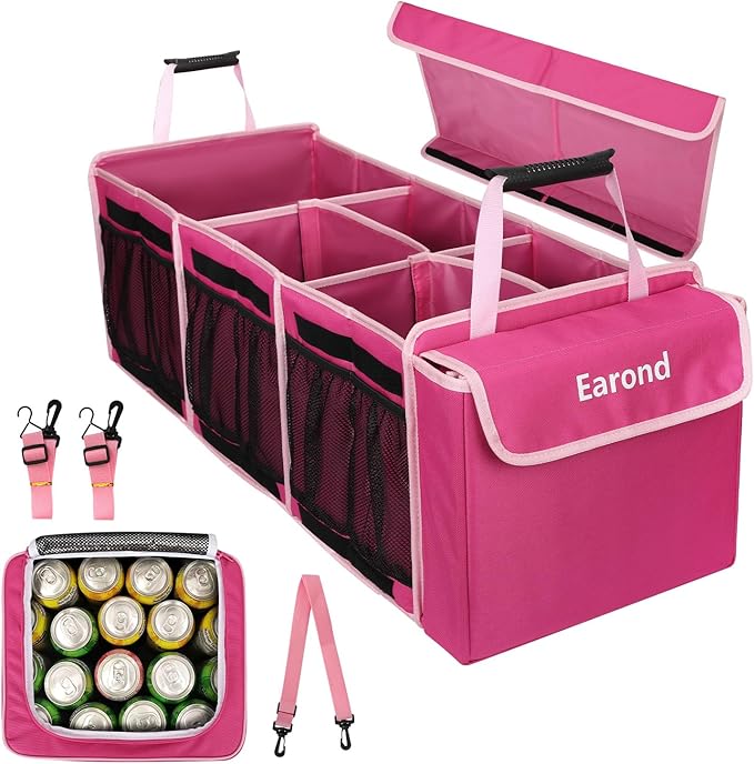 Collapsible Trunk Organizer with Insulated Leakproof Cooler Bag,Removable Lid,Adjustable Securing Straps,3 Compartments Trunk Organizer for SUV,Truck,Sedan(Pink)