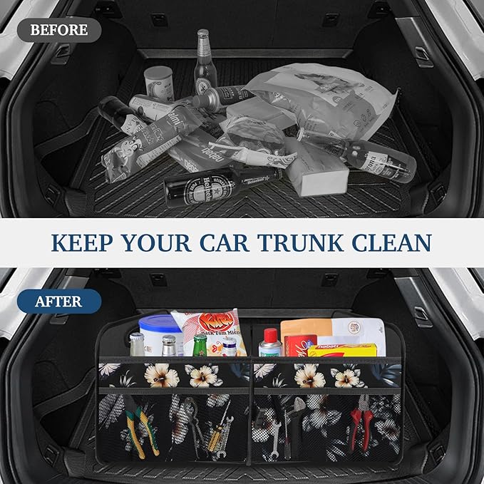 Femuar Car Trunk Organizer, Car Storage Organizer with Large Capacity Waterproof Collapsible Trunk Organizer for Car Suv/Jeep/Sedan (Hibiscus flowers, Standard)