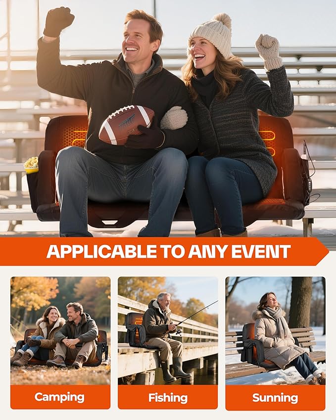 Sportneer Heated Stadium Seats with Back Support: 6 Adjustable Angles Extra Wide Bleacher Seat with Dual Heating Zones - 2.5" Padded Stadium Seats for Sports Outdoors(Power Bank Not Included)