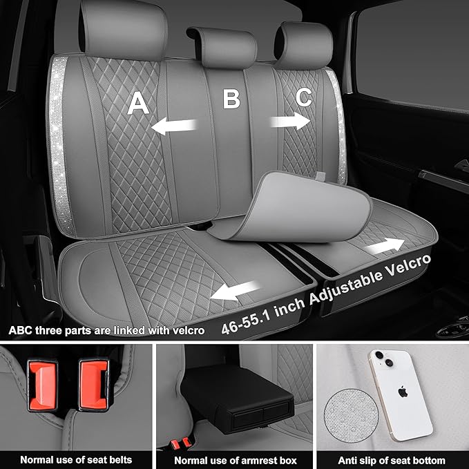 CAR PASS Gray Leather Bling Car Seat Covers Full Set, Luxury Microfiber Nappa PU Cushioned, Waterproof Anti-Slip Universal Fit for Auto SUV Sedan Sparkly Glitter Shining Rhinestone, Gray Diamond