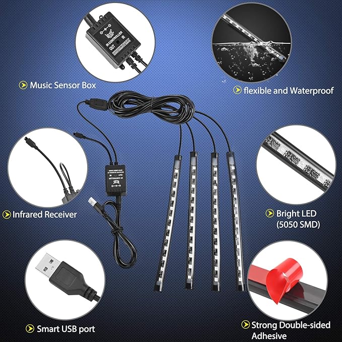 Nilight 48 LEDs DC 5V Multicolor Music Car Strip Light Under Dash Lighting Kit with Sound Active Function and Wireless Remote Control, 2 Years Warranty, 4PCS USB Interior Lights