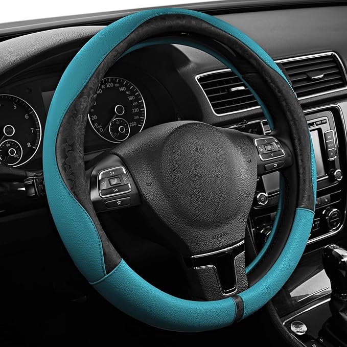 PIC AUTO Steering Wheel Cover, Black Patterned & Blue Leather Patchwork Design, Universal Fit 14.5"–15.5", Anti-Slip, Odor-Free, Soft PU Grain Leather, Durable Grip Car Accessory for Girls & Women