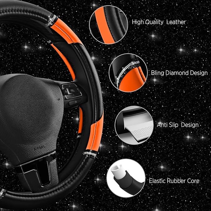 Road Comforts Leather Steering Wheel Cover - Made with PVC Leather - Anti-Slip, Universal Fit 14 1/2 inches to 15 inches - Orange