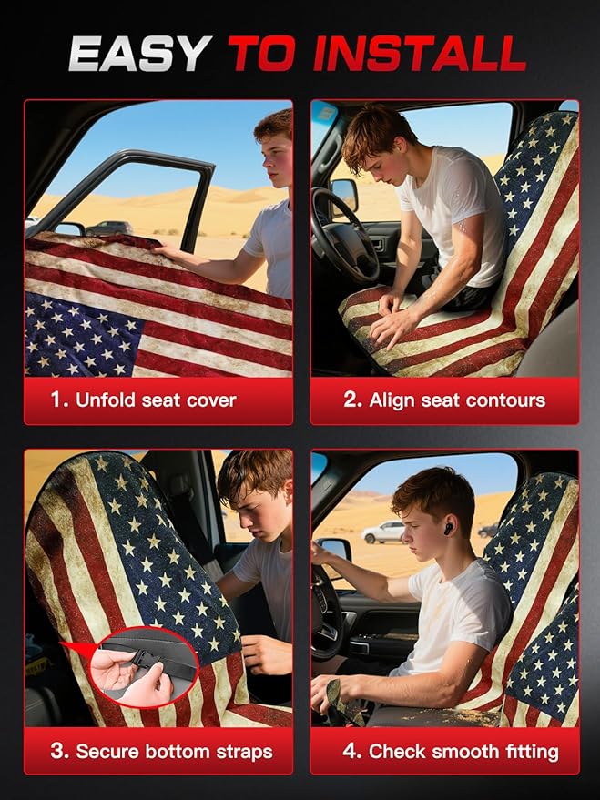 Universal Car Seat Cover Towel, Waterproof Washable Sweat Protection for Front Bucket Seats, Non-Slip Fit, Fits Cars SUVs Trucks, Ideal for Gym, Kids, Pets, (American Flag, 1 Pack)