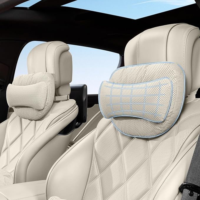 2 Pack Car Neck Pillow, Car Seat Headrest Neck Rest Cushion, Suede Car Headrest Pillow for Neck Support with Adjustable Strap, Universal Fit Cars SUVs Sedan Home Office (Beige)