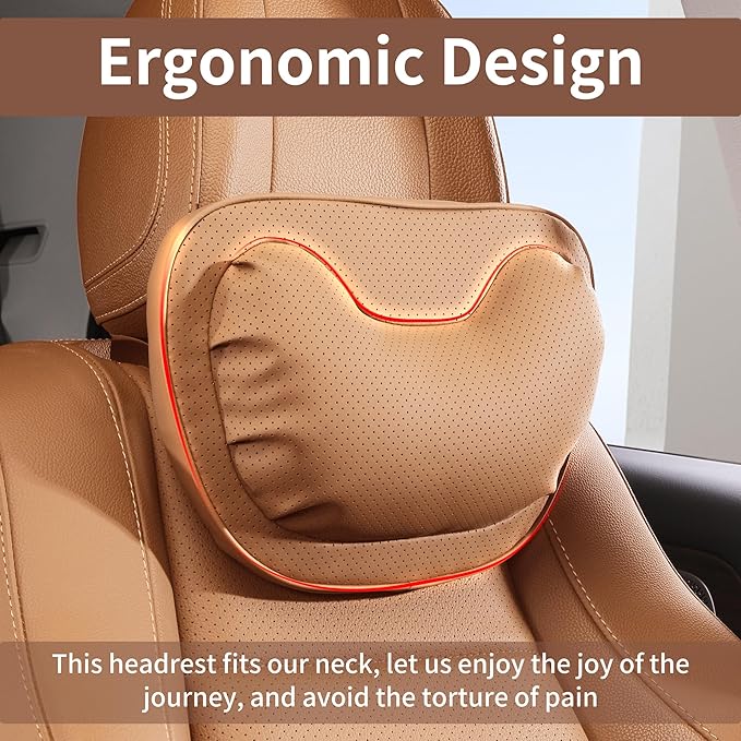 Car Neck Pillow [No More Pressure] Soft Comfortable Premium Leather Headrest with Adjustable Strap – Ergonomic Support for Driving, Office & Gaming, Palomino Brown, 1 Pack