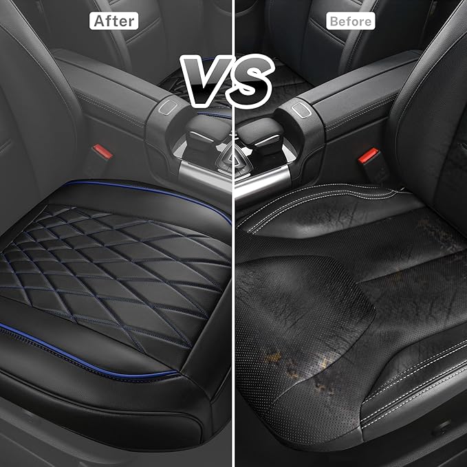 CAR PASS 2 Pack Leather Front Car Seat Covers, Bottom Seat Covers Full Wrapped with Storage Pocket, Anti-Slip PU Seat Protectors,Waterproof Seat Cushion Pad Universal Fit Sedan SUV Truck, Black/Blue