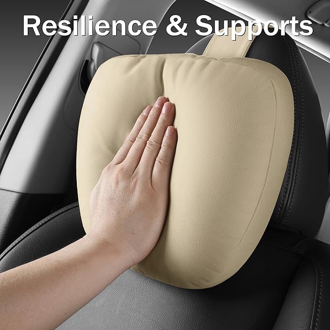 2pcs Car Neck Pillow for headrests,Support Drive Seats Head Cushion Pillows,Microfiber Velvet,Plant-Based Polyester,Thickness & Height Adjustable,11.8x7.5,Inner Liner fillable(Beige)