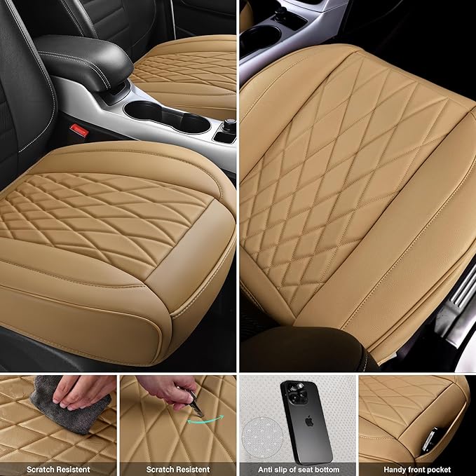 CAR PASS 2 Pack Front Car Seat Covers, Bottom Seat Covers Full Wrapped with Storage Pocket, Anti Slip Car Seat Protectors, Waterproof Seat Cushion Pad Universal Fit Sedan SUV Truck, Dark Beige