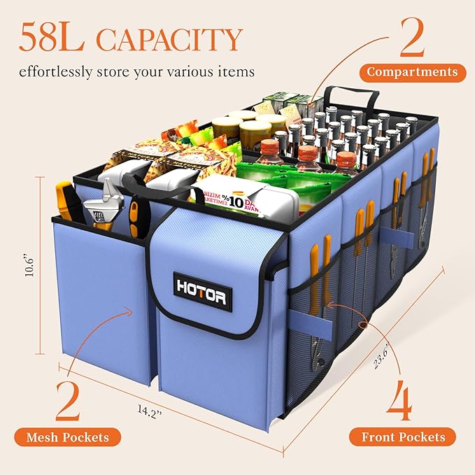 HOTOR Trunk Organizer for Car - Car Organizer, Foldable Trunk organizer for SUVs & Sedans, Sturdy Car Organization for Car Accessories, Tools, Sundries, Blue, 2 Compartments, 23.6"×14.2"×10.6"