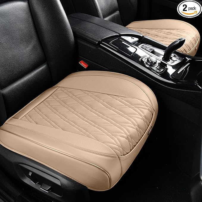 2PCS Nappa Leather Covers for Cars, Car Seat Cover Front Bottom Protector, Seat Cushion Without Backrest, Anti-Slip and Wrap Around The Bottom Fit Most Cars and Vehicles, Beige