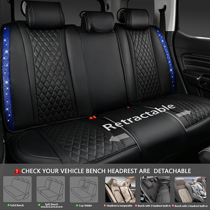CAR PASS Nappa Leather seat Covers Bling Diamond Car Seat Covers Full Set Universal Cushioned, Waterproof Heavy-Duty Anti-Slip Luxury, Fit for SUV Sedan,Sparkly Glitter Women Crystal Blue Rhinestone