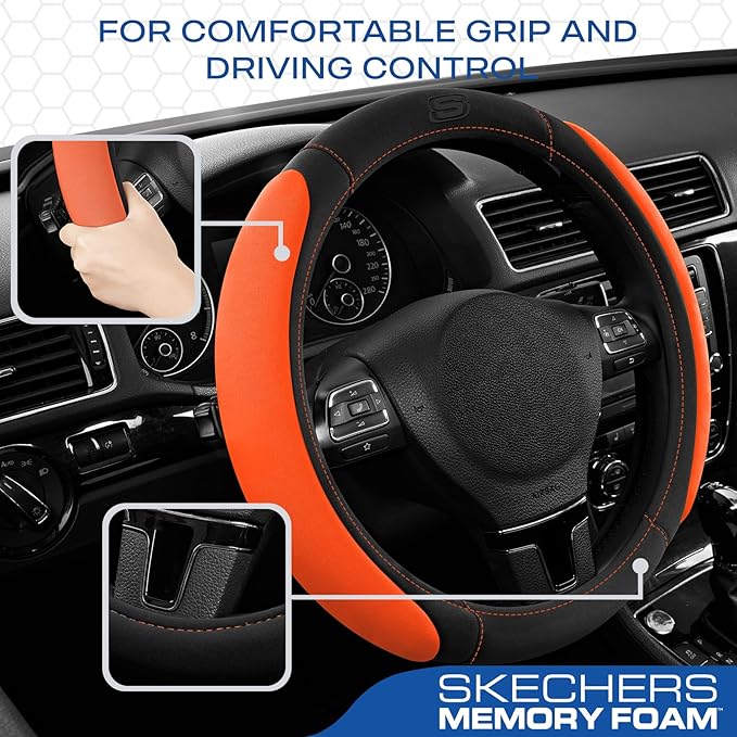 Skechers Steering Wheel Cover, Memory Foam Car Steering Wheel Cover,14.5-15inch Anti-Slip Safety Comfortable Desgin, Universal Accessory for Diverse Cars, Truck,SUV (Black & Orange)