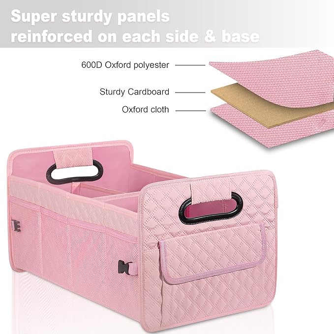 JiatuA Car Trunk Organizer for SUV, Car Storage Organizer Collapsible Multi Compartment Container Box, Adjustable Car Accessories for Women/Men, Large Pink
