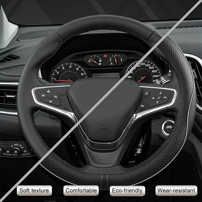 West Llama Microfiber Leather Car Steering Wheel Cover for Chevy Silverado,Tahoe,Equinox,Traverse,Trailblazer,Colorado (Black+Gray Line - Standard Size)