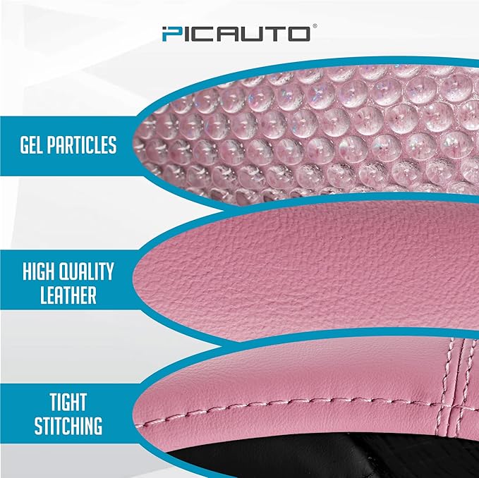 PIC AUTO Steering Wheel Cover, Glitter Gel Particles & Pink Luxury Leather Car Steering Cover, Universal Fit 14.5"-15.5" Anti-Slip Car Wheels Cover for Girls & Women