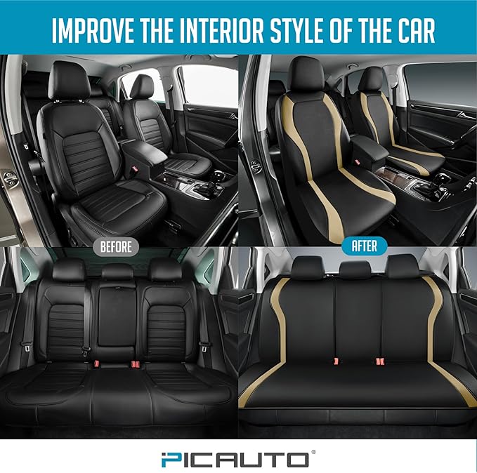 PIC AUTO Leather Car Seat Covers, Premium Automotive Waterproof Front & Rear Full Set Bucket Car Seat Protectors, Black and Beige PVC Patchwork, Fits for Cars, Trucks, Van, SUV, Airbag Compatible