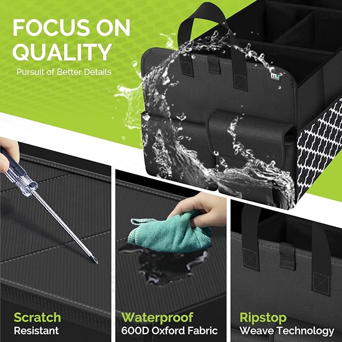 MIU COLOR Trunk Organizer for SUV, Car Organizer, Collapsible Trunk Organizer for Car, Non-Slip Storage Organizer for Sedans, Van, Jeep, Grocery, Large 4 Compartments, Black Grid 32"×13"×12"